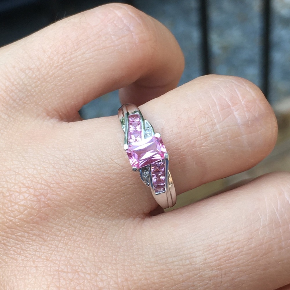10k Solid White Gold Pink Topaz & Diamond Ring - Picture 6 of 15